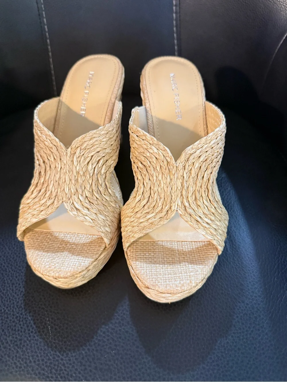 Marc Fisher Braided Straw Wedge Sandals in Natural